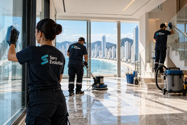 Equipe especializada da Serv Evolution realizando limpeza pós-obra em Balneário Camboriú, com higienização de vidros, pisos e acabamentos em apartamento de alto padrão.